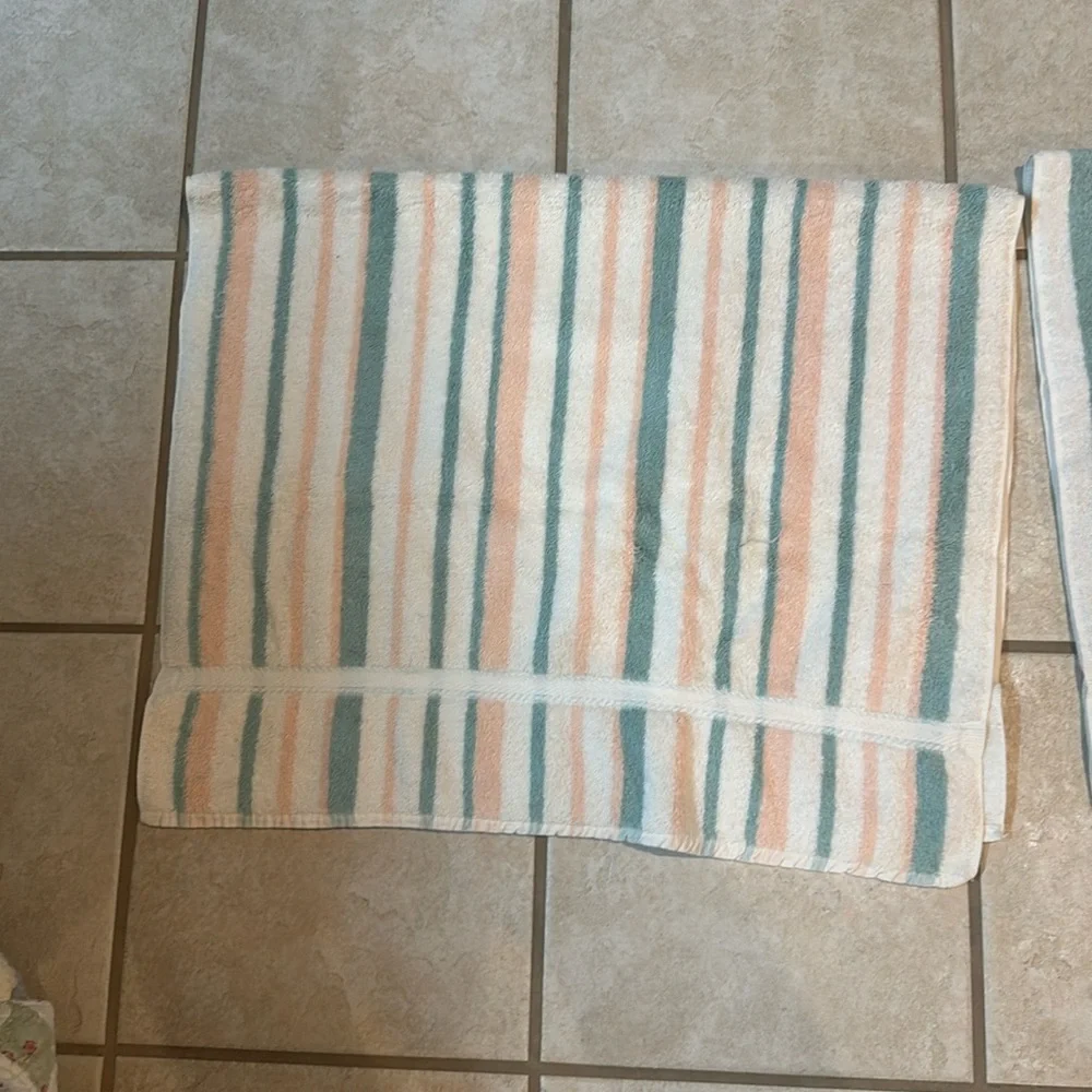 Pair of Caress Striped Vintage Towels in White, Peach, and Teal Cotton